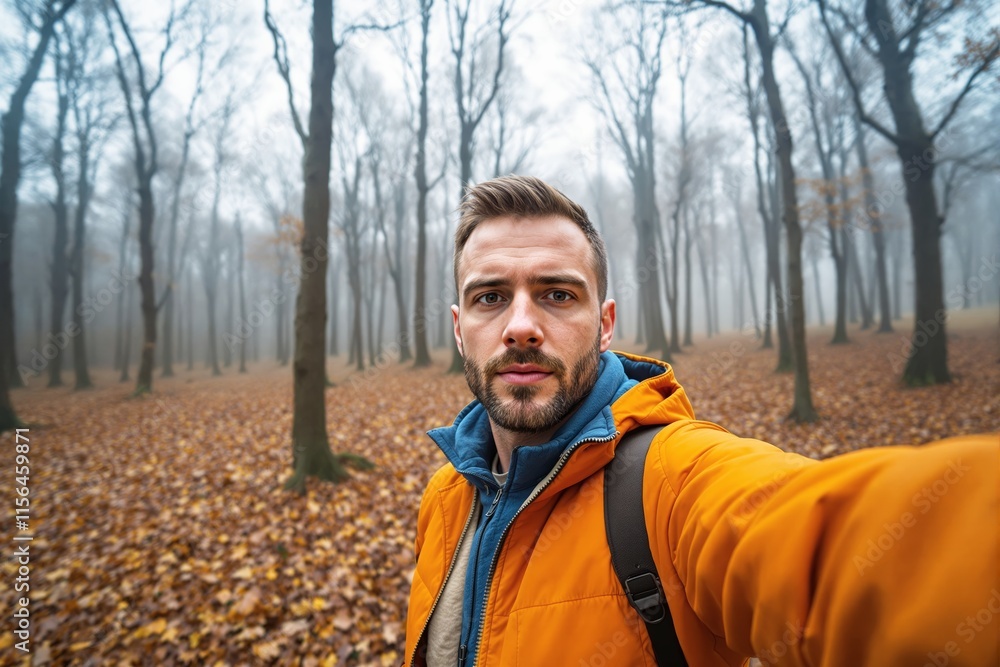 A man in an orange jacket taking a selfie in a misty forest during autumn, surrounded by bare trees and fallen leaves. Concept of outdoor adventure. Ai generative A man in an orange jacket taking a selfie in a misty forest during autumn, surrounded by bare trees and fallen leaves. Concept of outdoor adventure. Ai generative