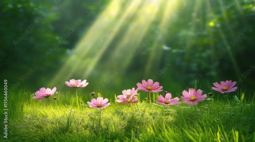 Fototapeta premium A Vibrant Field of Pink Cosmos Flowers in Full Bloom