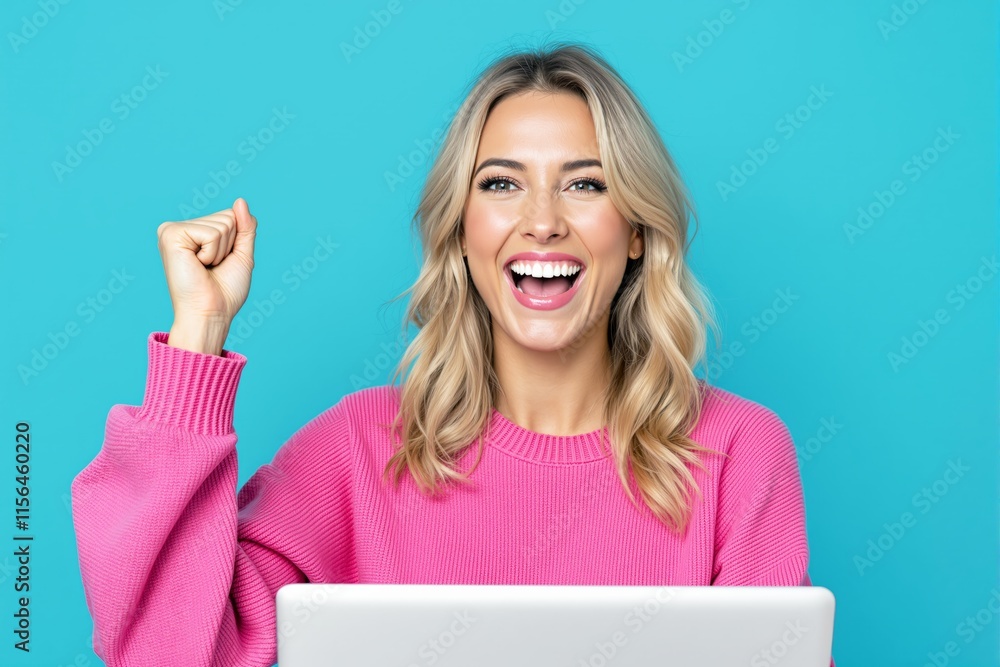 Naklejka premium Smiling woman with raised fist in excitement, wearing a pink sweater, sitting at a laptop, on a turquoise background. Concept of success and achievement. Ai generative