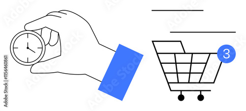 Hand holding a clock, adjoining a shopping cart icon with a notification of three items. Ideal for e-commerce, time management, online shopping, punctuality, task reminders, productivity apps
