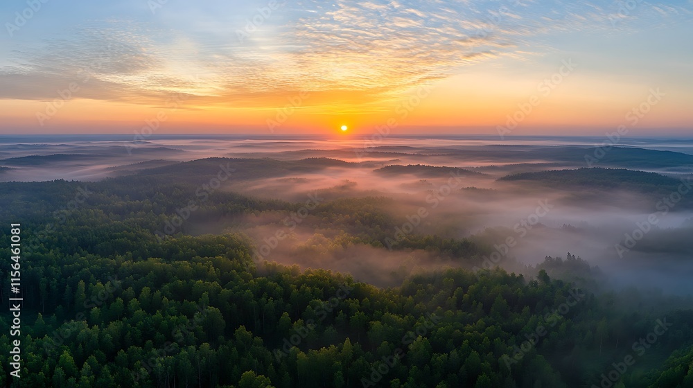 Fototapeta premium Stunning Aerial Photo: Sunrise Gently Illuminates Misty Forest Landscape. AI Generated