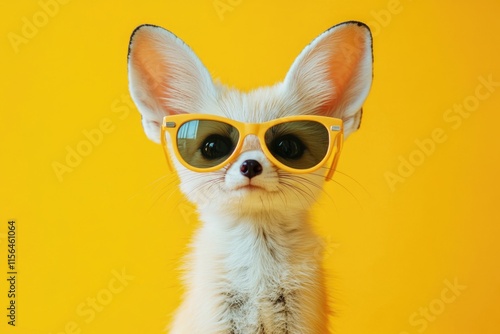 Small white dog with sunglasses photo