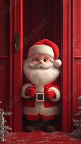 a realistic cute santa claus peeking out from behind a red door, probes behind the pure red wall, lovely, holding a delicate gift box in hand, rectangular or arch shape, close up, extreme clean pictur