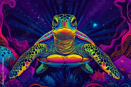 Cosmic Turtle: A vibrant, psychedelic illustration of a sea turtle swimming in a neon-colored ocean with cosmic background.