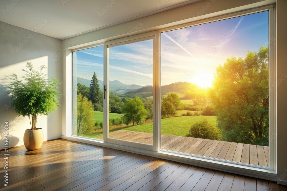 Fototapeta premium Modern Minimalist Home Interior: Sliding Glass Window, White Walls, Natural Light, Scenic View, Landscape Photography