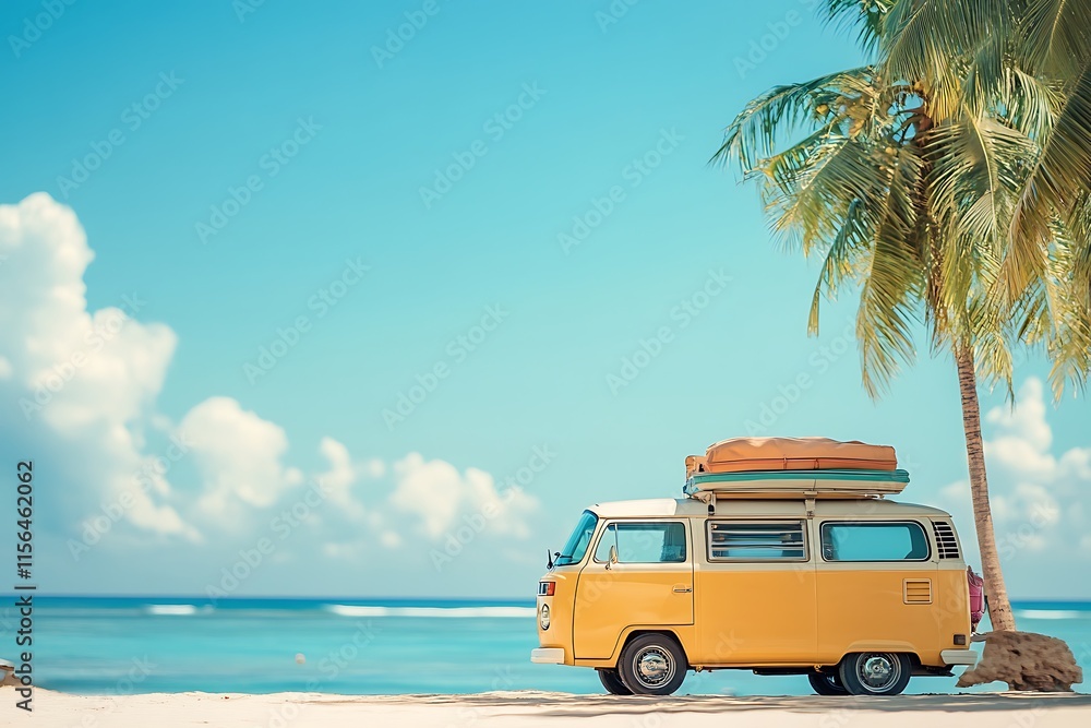 Fototapeta premium Yellow Vintage Van on Tropical Beach