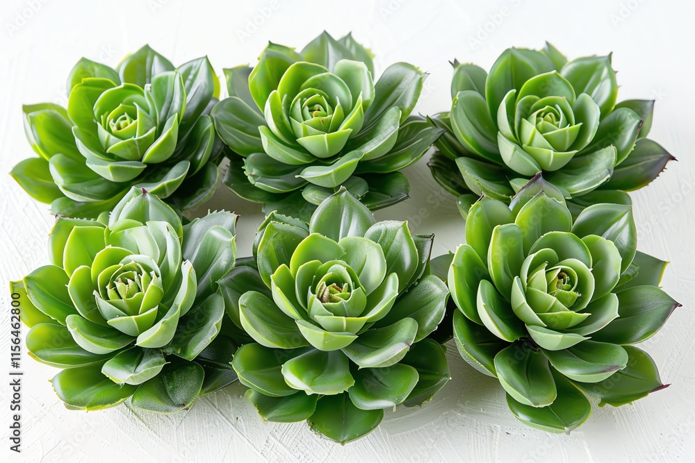 Six green succulents arranged in a symmetrical pattern on a white background. Six green succulents arranged in a symmetrical pattern on a white background.