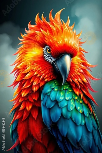 A majestic portrait of a parrot with a fiery red beard, rendered in intricate watercolor art, reminiscent of elaborate gilding, set against a backdrop of dark cyan and bronze hues looking angrily photo