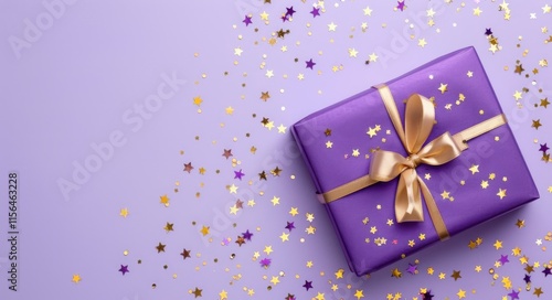 Wallpaper Mural Bright purple gift box with a gold ribbon and star confetti, ideal for celebrations Torontodigital.ca