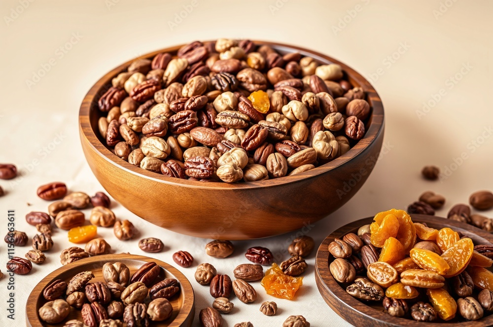Assorted Nuts and Dried Fruits in Wooden Bowls Assorted Nuts and Dried Fruits in Wooden Bowls