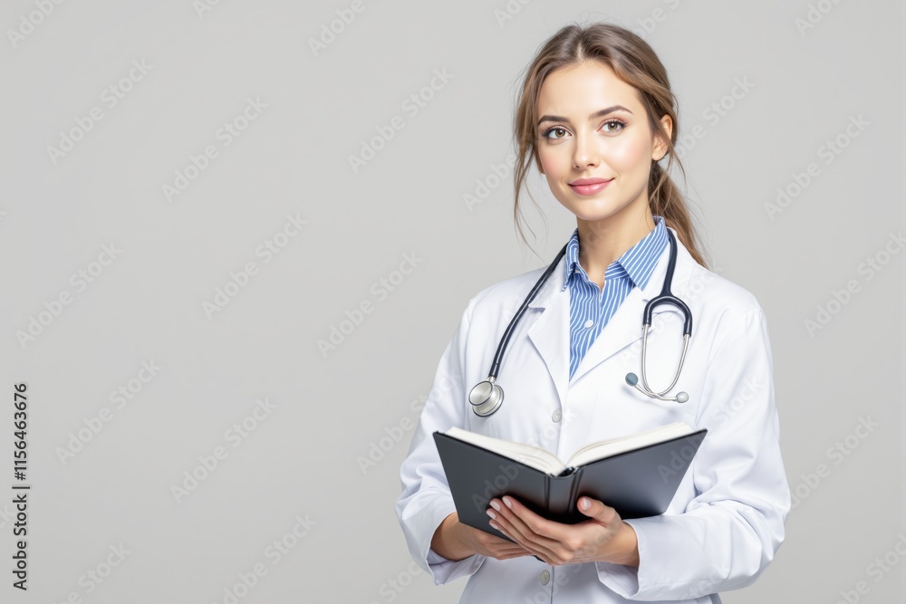 Female doctor wearing a white coat and stethoscope, holding an open book, smiling confidently, on a neutral gray background. Concept of healthcare professionalism. Ai generative Female doctor wearing a white coat and stethoscope, holding an open book, smiling confidently, on a neutral gray background. Concept of healthcare professionalism. Ai generative