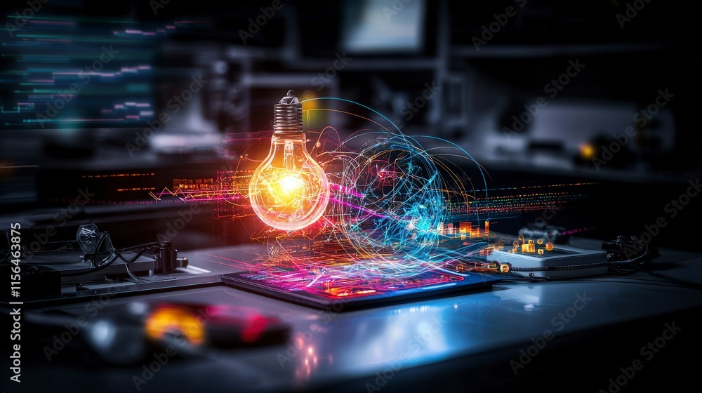 Obraz premium Innovative lightbulb technology showcases student success educational lab infographic digital realm close-up progress