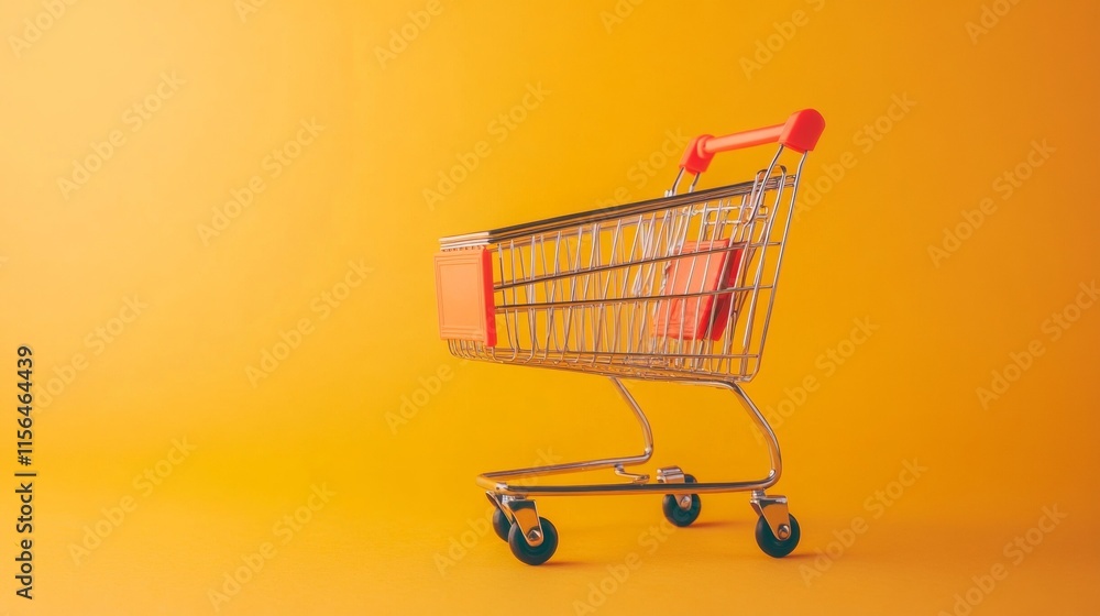 Small empty shopping cart sits on yellow background. Small empty shopping cart sits on yellow background.