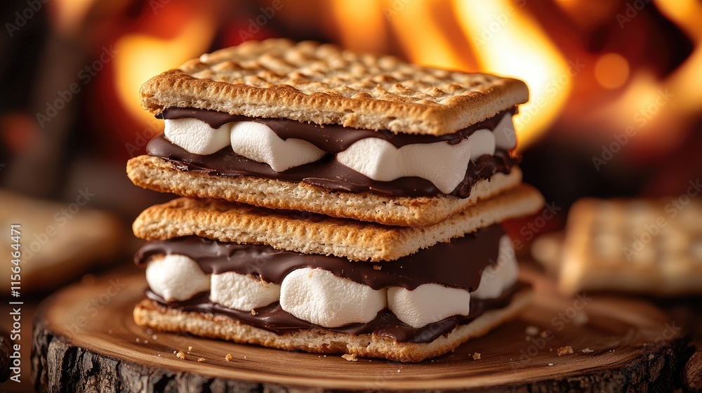 Delicious s'mores with melted chocolate and marshmallow resting on wooden board by fireplace Delicious s'mores with melted chocolate and marshmallow resting on wooden board by fireplace