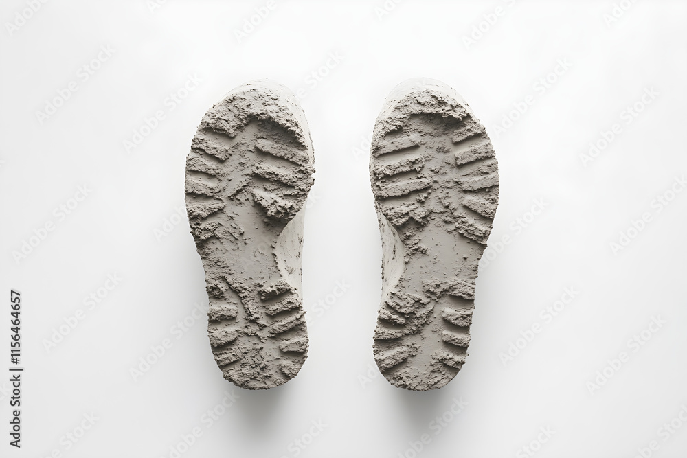 Parallel Muddy Boot Prints: A Journey Imprinted on Pristine White Canvas Signifying Movement and Time Parallel Muddy Boot Prints: A Journey Imprinted on Pristine White Canvas Signifying Movement and Time