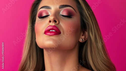 Wallpaper Mural Stunning beauty portrait featuring vibrant makeup against a bold pink background Torontodigital.ca