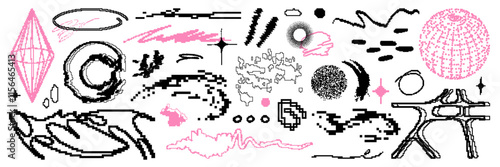 Bitmap graphic shape asset pack. Trendy geometric element for sticker, poster, collage, design template. Vector isolated elements.