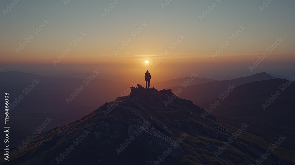 Silhouette of person standing on mountain peak at sunset.
