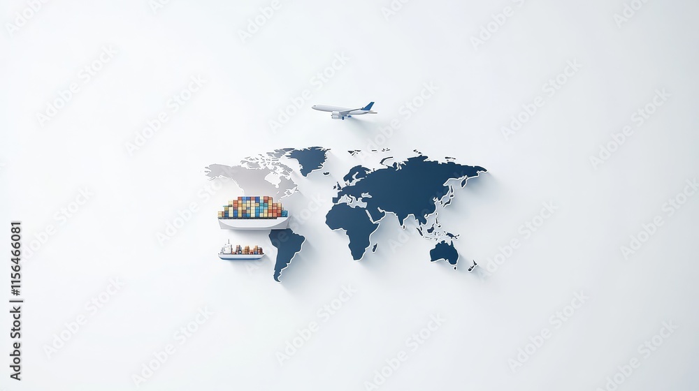 Aerial View of World Map with Airplane and Cargo Shipment Illustrating Global Trade, Logistics, and Transportation Networks in Modern Economy Aerial View of World Map with Airplane and Cargo Shipment Illustrating Global Trade, Logistics, and Transportation Networks in Modern Economy