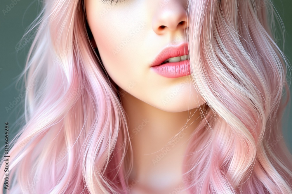 Close-up Portrait of a Young Woman with Pastel Pink Hair and Soft Makeup Close-up Portrait of a Young Woman with Pastel Pink Hair and Soft Makeup