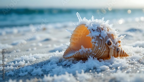 Seashell Frozen in Winter Ocean Scene photo