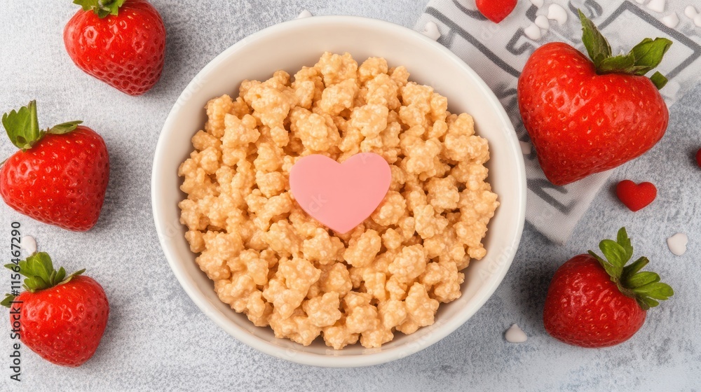 A Charming Bowl of Crunchy Rice Cereal Surrounded by Fresh Strawberries and Decorative Hearts for a Sweet and Wholesome Breakfast Experience A Charming Bowl of Crunchy Rice Cereal Surrounded by Fresh Strawberries and Decorative Hearts for a Sweet and Wholesome Breakfast Experience