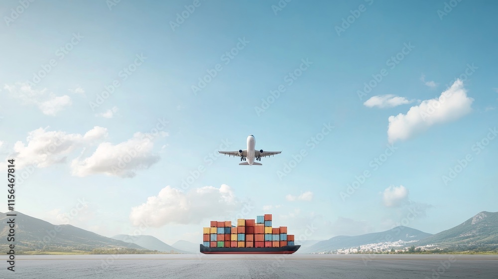 Fototapeta premium Airplane Taking Off Over a Container Ship in a Scenic Coastal Setting with Blue Skies and Fluffy Clouds