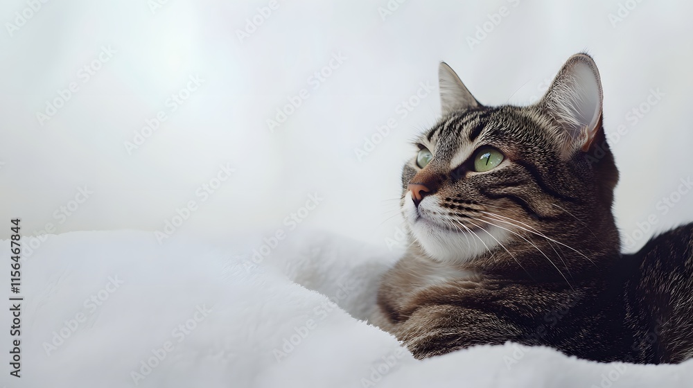 Tabby Cat Resting on Soft White Blanket Tabby Cat Resting on Soft White Blanket