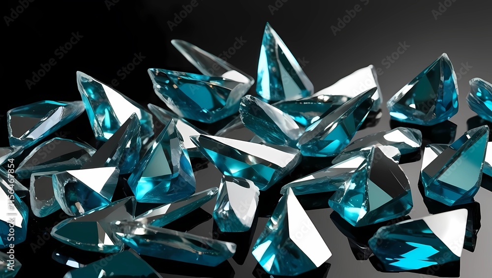 Jagged Reflective Crystal Shards in Turquoise, Silver, and Blue Against a Dark Background, Sharp and Mesmerizing Abstract Design  
