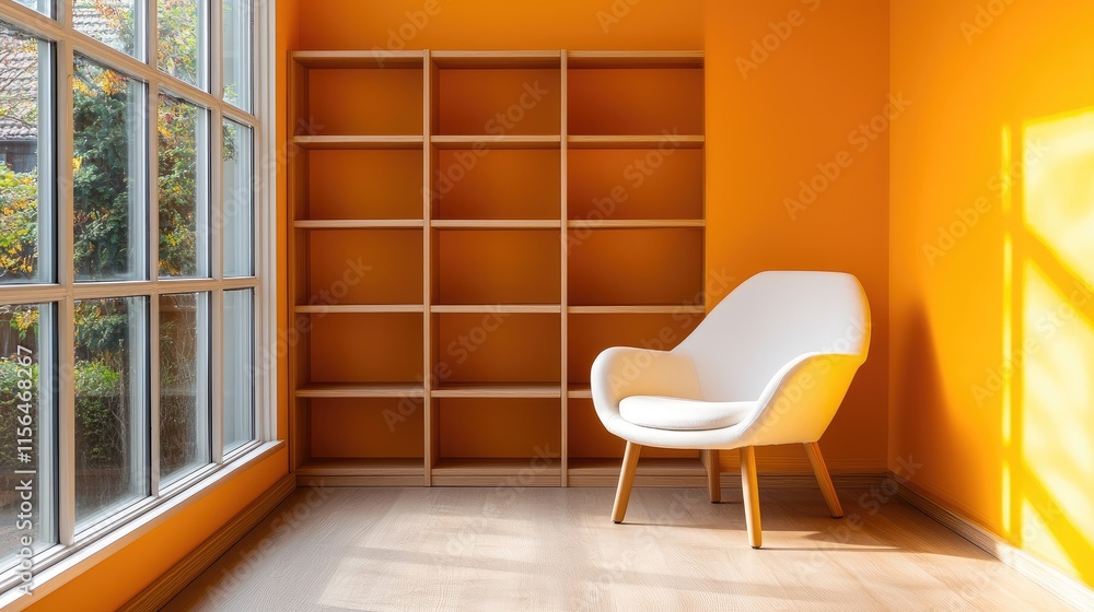 Fototapeta premium Modern Room Interior With Chair And Empty Shelving
