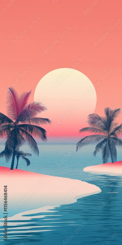 A stunning tropical sunset scene featuring palm trees silhouetted against a vibrant pastel sky and tranquil ocean waters. A stunning tropical sunset scene featuring palm trees silhouetted against a vibrant pastel sky and tranquil ocean waters.