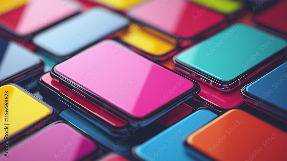 Fototapeta premium Generic smartphones with pastel colored screens stacked on top of each other.