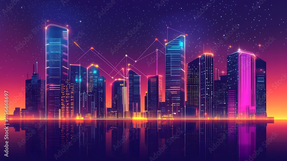 Vibrant Retro Futuristic Cityscape: Digital Illustration in a Synthwave Style. AI Generated Vibrant Retro Futuristic Cityscape: Digital Illustration in a Synthwave Style. AI Generated
