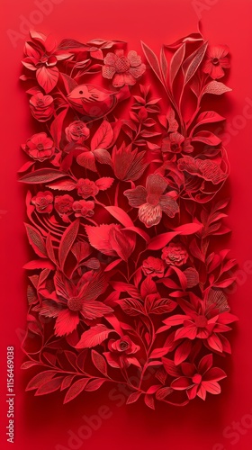 Intricate Paper Cut Decoration for Lunar New Year Against Textured Red Background