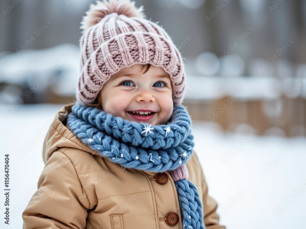 Adorable Toddler in Winter Wonderland Snowflakes Happy Child Knit Hat Scarf Adorable Toddler in Winter Wonderland Snowflakes Happy Child Knit Hat Scarf