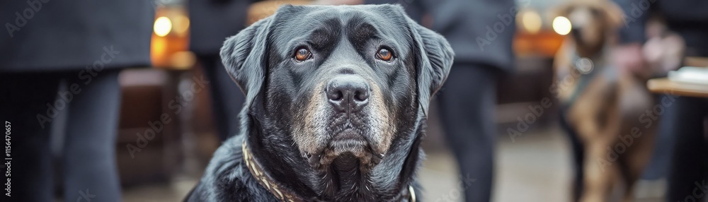 Loyal black Labrador retriever gazes curiously towards the camera in a lively outdoor setting with soft lighting and blurred background of people and dogs. Loyal black Labrador retriever gazes curiously towards the camera in a lively outdoor setting with soft lighting and blurred background of people and dogs.