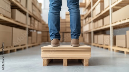 Person Standing on Wooden Pallet in Warehouse Surrounded by Cardboard Boxes and Shelves, Focused on Inventory and Storage Solutions in Commercial Space photo