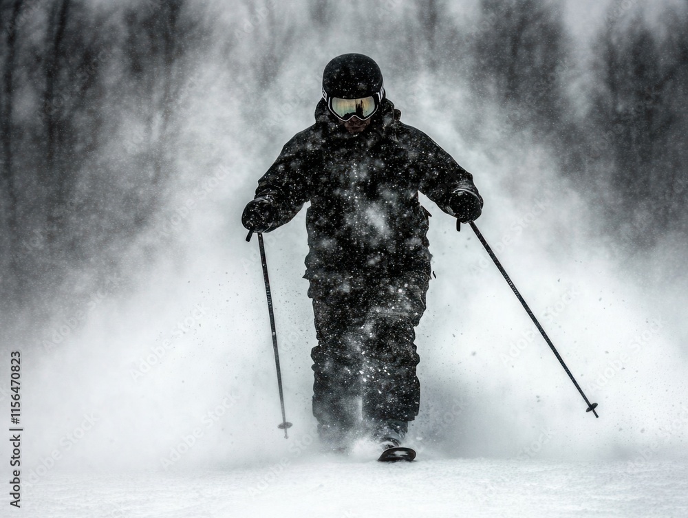 Fototapeta premium Snowy Mountain Adventure: Skier Navigates Through Blustery Snowstorm, Showcasing the Thrill of Winter Sports and Outdoor Exploration in Extreme Conditions