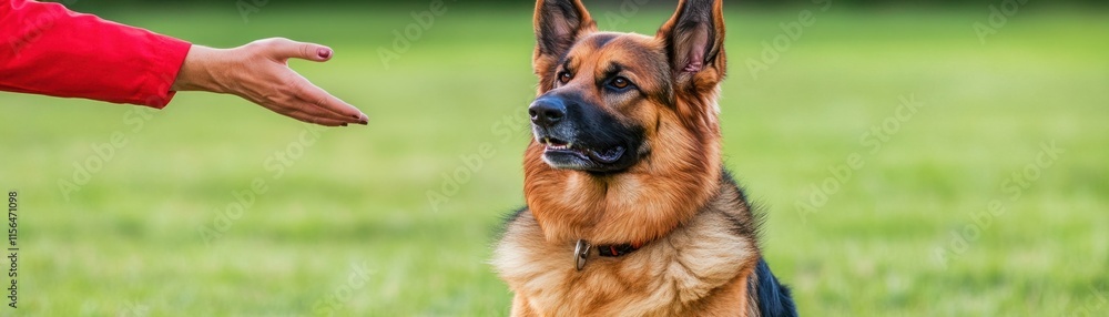 A Person Extending Their Hand Towards a German Shepherd Dog Sitting Outdoors on a Sunny Day in a Green Field, Capturing a Moment of Training and Connection A Person Extending Their Hand Towards a German Shepherd Dog Sitting Outdoors on a Sunny Day in a Green Field, Capturing a Moment of Training and Connection