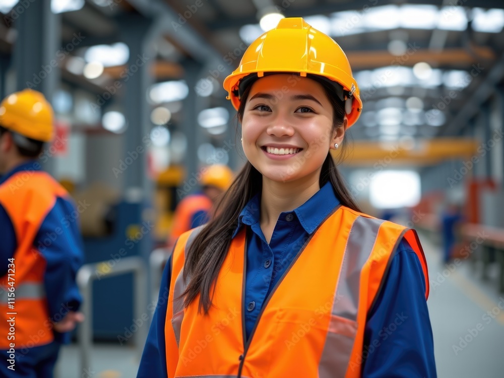 Smiling Female Engineer in Factory Hard Hat Safety Vest Smiling Female Engineer in Factory Hard Hat Safety Vest