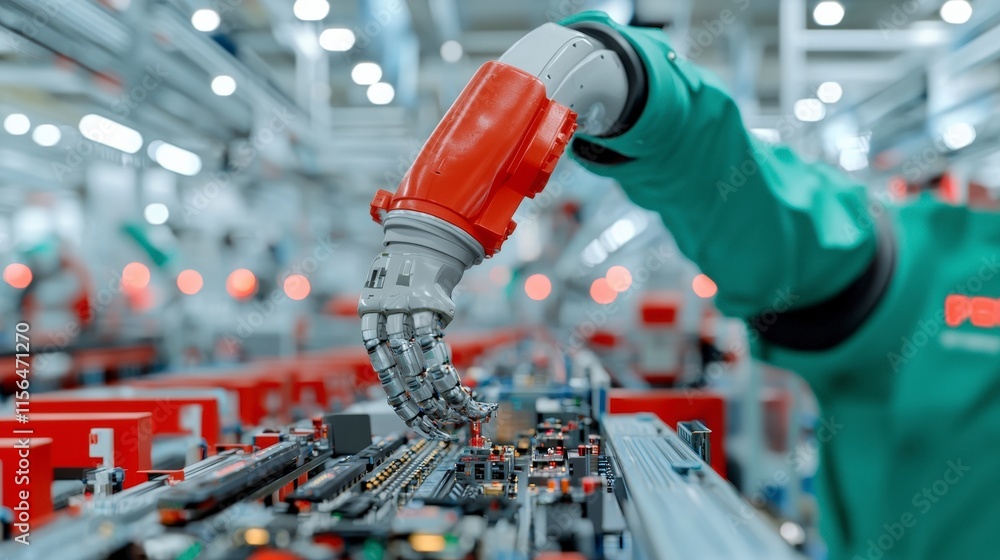 Robotic Arm Assembling Electronics on Factory Line Robotic Arm Assembling Electronics on Factory Line