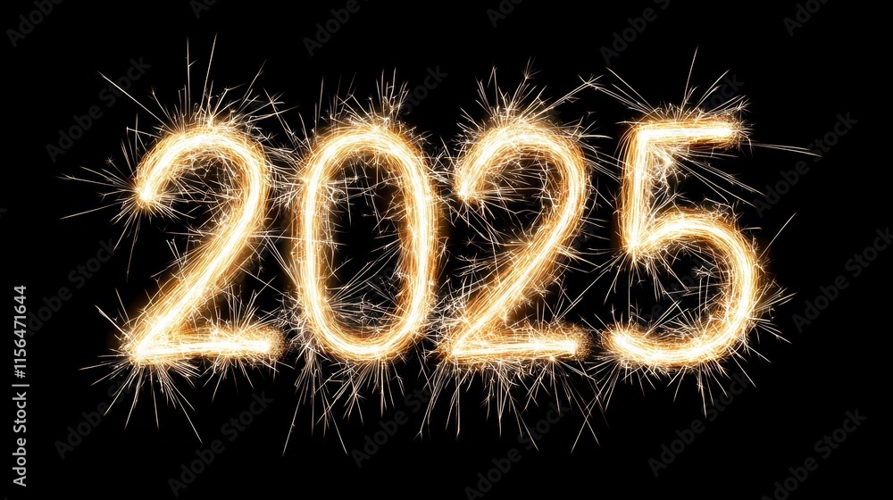 Celebratory New Year 2025 Scene with Golden Sparkler Effects on Black Background Celebratory New Year 2025 Scene with Golden Sparkler Effects on Black Background