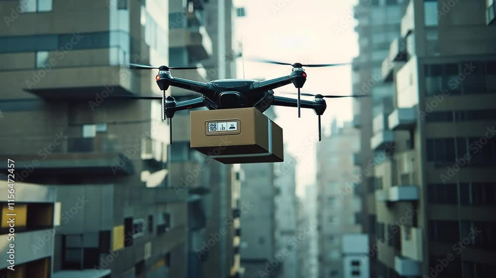 A Drone Delivers a Package Over a Bustling Urban Landscape in a Modern City During the Early Morning Light A Drone Delivers a Package Over a Bustling Urban Landscape in a Modern City During the Early Morning Light