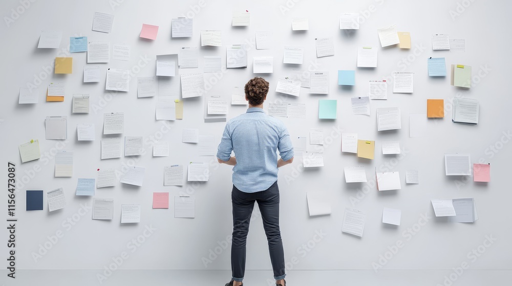 Obraz premium Person Analyzing a Wall Covered with Notes and Papers in an Office Environment, Signifying Brainstorming, Planning, and Creative Thinking Processes