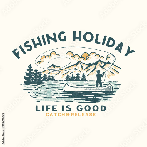 fishing illustration holiday graphic lake design mountains badge outdoor vintage adventure