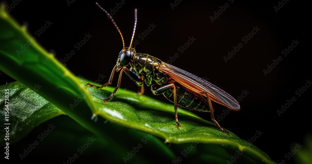 A close-up of a colorful insect perched on a green leaf against a dark background. A close-up of a colorful insect perched on a green leaf against a dark background.
