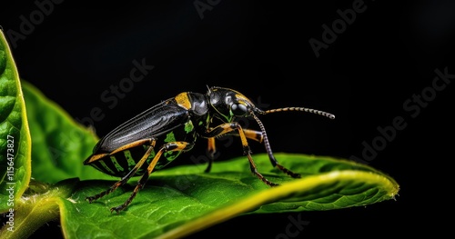 Wallpaper Mural A close-up of a black and yellow insect on a green leaf against a dark background. Torontodigital.ca