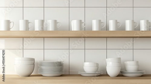 Modern Kitchen Shelves Featuring Minimalist White Dishware and Coffee Mugs in a Bright, Stylish Setting Perfect for Culinary and Home Decor Inspiration