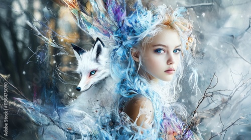 A hyperrealistic digital artwork of a girl with a fox fantasy forest art creation surreal environment captivating perspective photo