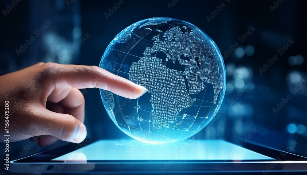 A finger touches a transparent device with a digital globe displayed. A finger touches a transparent device with a digital globe displayed.